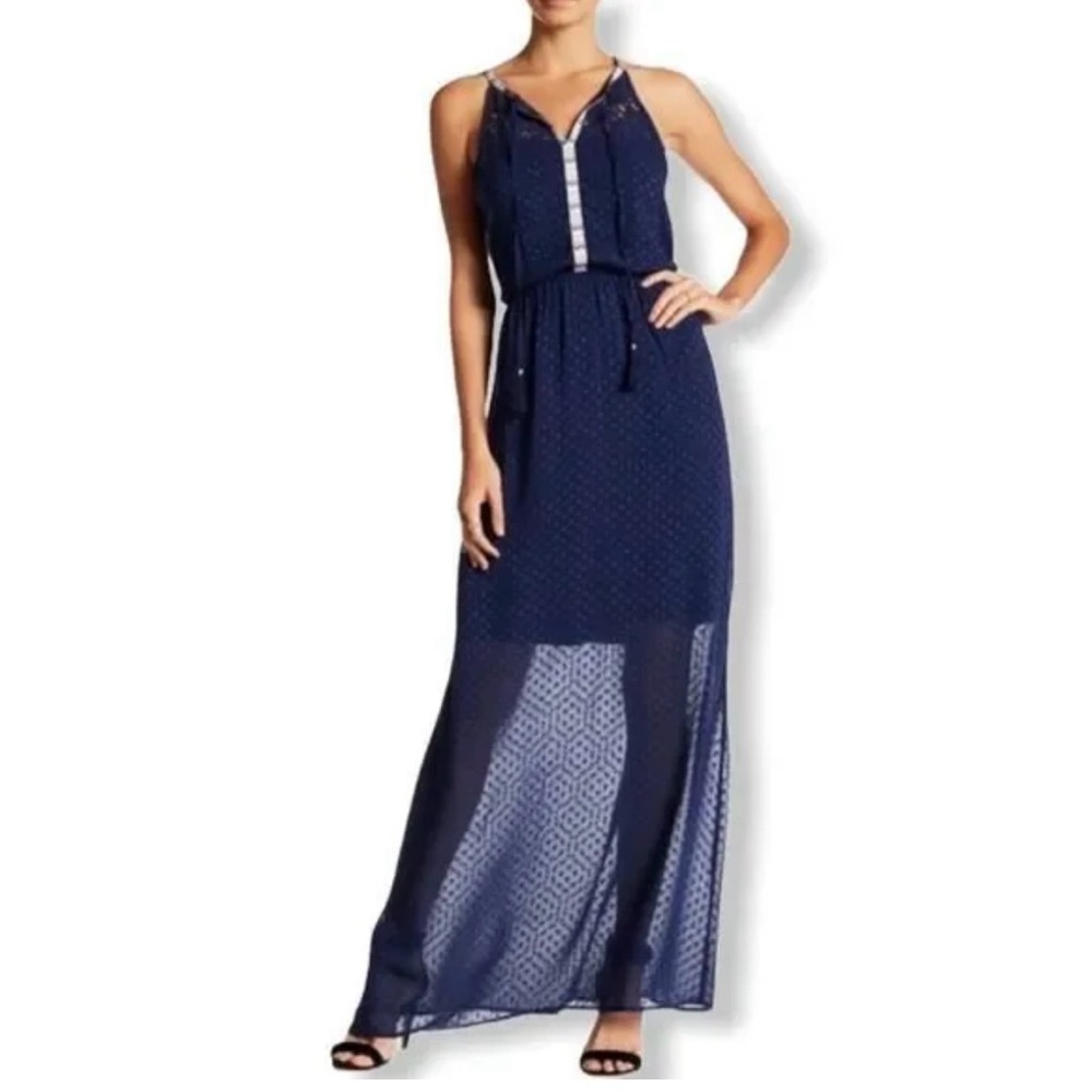 Daniel Rainn Navy Swiss Dot Keyhole Sleeveless Ribbon Trim Maxi Dress size L